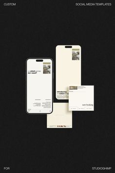 an iphone and business cards are displayed on a black background with the text social media templates