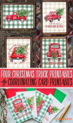 four christmas truck printables and coordinating card printables are on the table