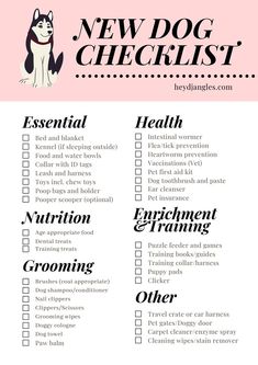 a dog grooming checklist with the words new dog checklist written in black and white