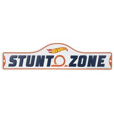 a sticker that says stunt zone on the side of a white sign with an orange and