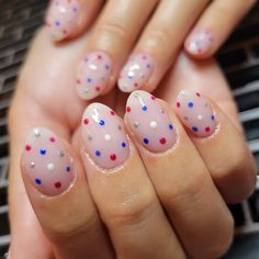 4th Of July Nails Polka Dots, Simple 4 Of July Nails, Summer Nails Fourth Of July, 4th Of July Nails Simple Almond, Fourth Of July Nails Subtle, Red White And Blue Polka Dot Nails, 4th Of July Nail Inspo Simple, Blue Dotted Nails, Simple Fourth Of July Nails Almond