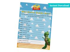 Its a Boy Story | Toy Story Baby Shower Games | Who Knows Daddy Best? | Printable Baby Shower Games | A101 PURPOSE: Its a Boy Story | Toy Story Baby Shower Games will make any shower fun and memorable. DESIGN/MATERIALS: 1 PDF download with 1 game (who knows daddy best), once downloaded you may print as many as you need. Game instructions included. ¸..¸¸. IMPORTANT READ HERE.¸¸..¸ Please note that many photo labs and print centers are unable to print popular character invitations/printables due t Baby Shower Story Games, Toy Story Baby Shower Games, Toy Story Baby Shower Theme, Baby Shower Games Toy Story, It’s A Boy Story Decor, Boy Story Baby Shower Theme, Toy Story Baby Shower Wer Games, Toy Story Themed Baby Shower (boy), Toy Story Centerpieces