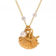 Waterproof Starfish Shell Necklace With Pearls Add a touch of oceanic elegance to your style with our Waterproof Starfish Shell Necklace With Pearls. This stunning necklace combines the beauty of starfish, shells, and pearls, perfect for any seaside adventure or everyday wear. Material: Alloy with Pearls Crafted from durable alloy and adorned with lustrous pearls, this necklace features a detailed starfish and shell design. Its waterproof nature ensures it withstands all your aquatic escapades, Beach Charm Necklace, Ariel Necklace, Ocean Theme Jewelry, Shell Beads Necklace, Necklace With Pearl, Pearl Accessories, Starfish Necklace, Ocean Jewelry, Seashell Necklace