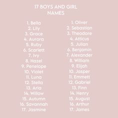 the names of boys and girl names in white on a pink background with black lettering