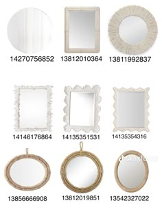 various types of mirrors and frames with numbers on the bottom one is labeled in white