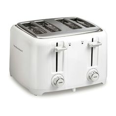 the toaster is white and has four burners on each side, but no one in it