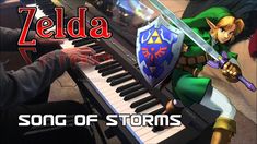 the legend of zelda song is playing on an electronic keyboard with a knight and shield