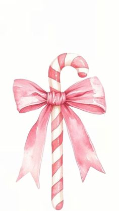 a watercolor painting of a candy cane with pink ribbon on it's bow