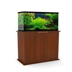 a fish tank sitting on top of a wooden cabinet in front of a white background