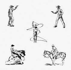 black and white drawings of people riding horses, cowboys, and horsebacks in various poses