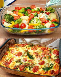 there are two pictures of different foods in the same dish, one is broccoli and the other has tomatoes