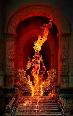 a woman in flames walking down some stairs