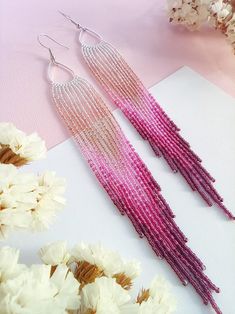 Burgundy Earrings, Hot Pink Earrings, Blush Earrings, Peach Earrings, Earrings Aesthetic, Beaded Earrings Native, Pink Earrings, Fringe Earrings, Seed Bead Earrings