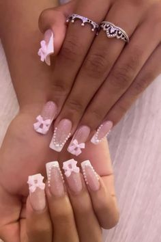 sparkly coquette nails with bows 🎀 Summer Nails With Bows, Dollete Nails, Couqutte Nail Ideas, Girly Coquette Aesthetic, Nails With Bows, Aesthetic Nail Art, Nails With Charms, Coquette Nail, Nails Girly