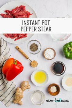 ingredients to make instant pot pepper steak on a white counter top with text overlay