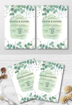 wedding stationery with green leaves and dots on the front, two cards in each