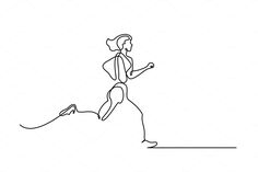 a continuous line drawing of a woman running with a dog on a leash behind her