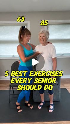 an older woman standing next to another woman on a yoga mat with the words 5 best exercises every senior should do