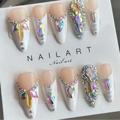 These Nails Are Already Made & Ready To Ship! Bundle To Save! Size Large Only! Message With Any Questions! Nail Crystal Designs, New Business Ideas, Crystal Nails, Business Idea, Crystal Design, Rhinestone Nails, White Cream, Cream White, Press On Nails