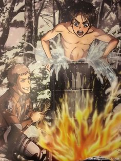 an anime scene with two men in the woods