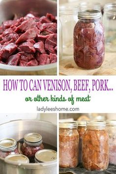 jars filled with red meat sitting on top of a table next to other food items