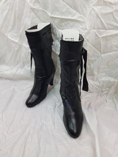 So cute fashionable women's boots for special lady's. Black leather vintage boots 90's.  These beautiful boots with a skirt or dress look very nice. Soft leather made this shoes very comfortable.  There vintage boots complete any look you have. This boots very well. In a single copy. High heel. Custom shoes, vintage knee high boots very like. 90's fashion. High heel boots are always elegant shoes. This renaissance boots is a vintage supply. The original style of the 90's. Limited edition. Good c Fall Leather Platform Boots For Cosplay, Leather Platform Boots For Cosplay In Fall, Knee-high Boots For Cosplay In Fall, Fall Cosplay Leather Platform Boots, Knee-high Platform Boots For Cosplay, Leather Moto Boots For Winter Cosplay, Leather Moto Boots For Cosplay And Winter, Leather Knee-high Boots For Cosplay, Retro Knee-high Heeled Boots For Winter