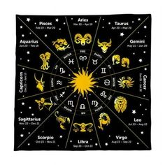 zodiac signs on a black and yellow background