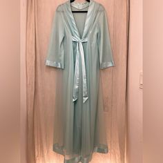 Vintage Gossard Artemis Slip And Robe Set. This 60s Slip And Robe Set By Gossard Artemis Is Constructed Of A Pastel Minty Blue Green Chiffon Nylon Fabric. It Features A Maxi Slip Dress With Satin Floral Trim On The Neckline And Hem, And A Robe With The Same Trim. Maxi Slip Dress, Nylon Fabric, Blue Vintage, Women's Intimates, Dream Closet, Bell Sleeves, Slip Dress, Blue Green, Chiffon