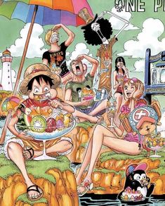 one piece is sitting on the ground while others are eating and drinking in front of him