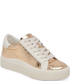 From Dolce Vita&#x2C; the Zayn360 Mirror Metallic Recycled Leather Platform Sneakers feature:Recycled leather upperLace up closureRecycled textile liningRecycled synthetic outsoleApprox. 1.5" platform heightImported. Gold Leather Sneakers With Laces, Gold Leather Sneakers, Gold Leather Sneakers For Spring, Recycled Leather, Distressed Leather, Platform Sneakers, Dillard's, Casual Sneakers, Trend Setter