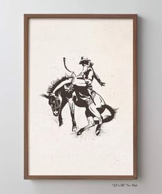 a black and white drawing of a man riding a horse with a lasso on his back