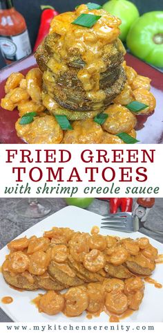 fried green tomatoes with shrimp criole sauce on a plate and in the background