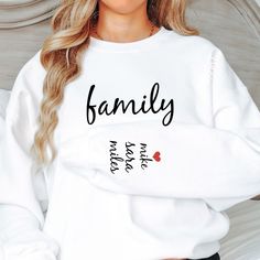 FAMILY HEART ON SLEEVE SWEATSHIRT - Customize this sweatshirt with your family's names on the sleeve, makes a great gift for mom. * Our unisex cozy sweatshirts & tees are soft and durable! * Ships within 2-3 days * Easy measuring tip: Take your favorite sweatshirt or tee, lay it on a flat surface and measure the width (armpit to armpit) and length (top     to bottom), then compare with our size chart! * Unisex, classic fit, preshrunk, poly/cotton blend. (both tees & sweatshirts) * Loose fit, run Mom Crewneck, Gift For Mom Christmas, Mom Sweater, Christmas Gift For Mom, Personalized Gifts For Mom, Great Gifts For Mom, Mama Sweatshirt, Family Mom, Cute Sweatshirts