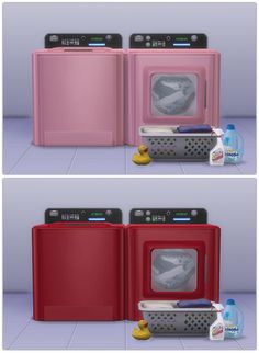 two pictures of different washing machines in the same room, one is pink and the other is red