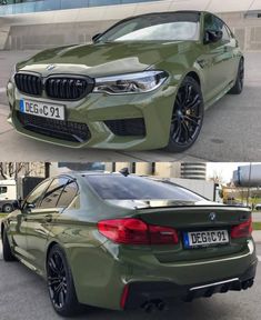 two pictures of the same green car in different angles, one showing it's rear end