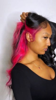 Hot Pink Natural Hair Black Women, Colors To Dye Ur Hair, Black Hair With Color Underneath, Pink Skunk Stripe Hair, Cute Pigtails Hairstyles, Hair Dye Ideas For Curly Hair, Pink Skunk Stripe, Skunk Strip, Pigtails Hairstyles