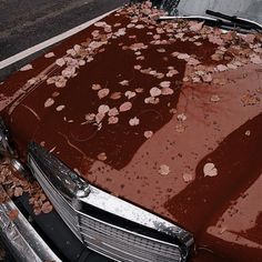 an old car is covered in mud and leaves