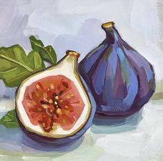 an oil painting of figs and leaves on a table