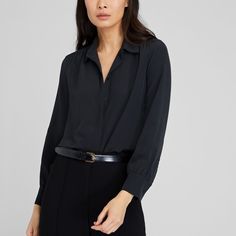 The Essential Button-Down Shirt Gets A Subtle Update With A Silk Fabrication, Concealed Placket, And Shirred Detail At The Shoulders. Flattering And Feminine With An Easy Fit That Looks Neat Both Tucked And Untucked. Model Is 5'11" Wearing A Size S Designed For An Easy Fit From Bust To Hem 100% Silk Relaxed Fit With A 27.5" Length; Based On A Size M Concealed Front Button Placket Spread Collar; Long Sleeves; Single-Button Barrel Cuffs; Back Shoulder Yoke; Shirttail Hem; Shirred Detail At Shoulde Back Shoulder, Club Monaco, Silk Shirt, Wearing Black, Button Placket, Monaco, Barrel, Button Down Shirt, That Look