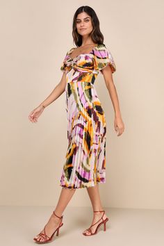 Authentically Yours Cream Multi Abstract Print Satin Midi Dress Black Shapes, Pleated Satin Dress, Abstract Print Dress, Lulu Fashion, 2024 Wedding, Satin Midi Dress, Yellow And Black, Cup Size, Purple Green