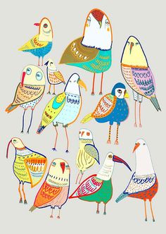 a group of colorful birds standing next to each other on a gray background with white writing