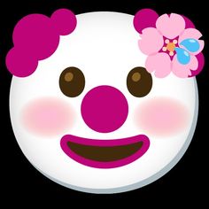 a white and pink clown face with flowers in it's hair