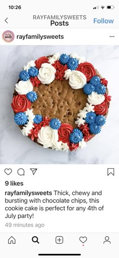 a cookie cake with red, white and blue frosting on top is shown in an instagram