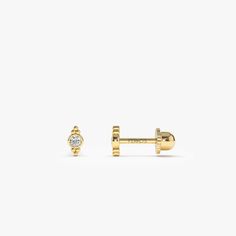 "Diamond Piercing / Six Dot Diamond Piercing in 14k Solid Gold / Screw Back Bezel Setting Diamond Piercing by Ferkos Fine Jewelry Item Details * Sold as Single Piercing * Gold Kt: 14K * Available Gold Color: Rose Gold, Yellow Gold, White Gold * Length & Width: 6x 2.9 MM * Length of Bar: 6.5 MM * Round Diamonds: 2 pcs 2.00MM (pair) * Total CTW: 0.08 ctw (pair) * Diamond Color-Clarity: G Color SI Clarity Be sure to hit \"favorite\" on the right so it remains in your favorites list and/ or add to y Diamond Piercing, Single Piercing, Gold Armband, Helix Piercing, Ruby Jewelry, Emerald Jewelry, Sapphire Jewelry, Single Earring, Gold Wedding Band