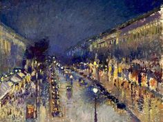 an oil painting of people walking down the street at night