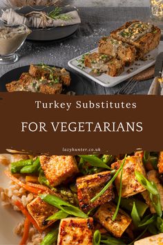 turkey subs for vegetarians on a plate with rice and vegetables in the background