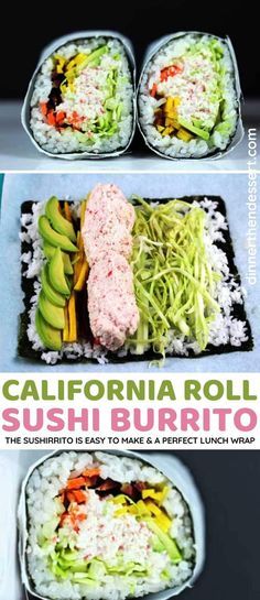 the sushi burritos are ready to be served with rice and avocado