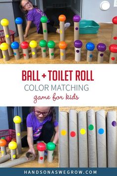 a child playing with colorful balls and wooden poles in a play area that is filled with toys