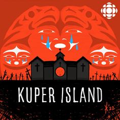 an orange poster with the words kuper island in front of a black and red background