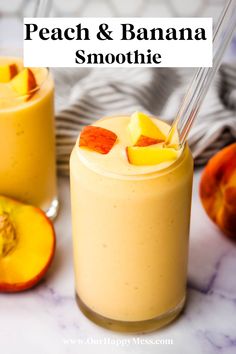 two glasses filled with peach and banana smoothie